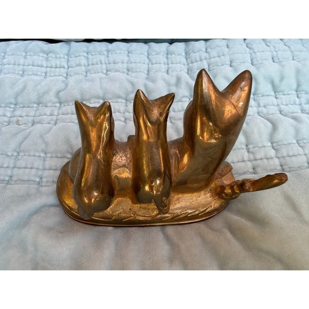 Vintage H.B. Product Cast Brass Fox Figurine Mother with Two Babies Kits Statue